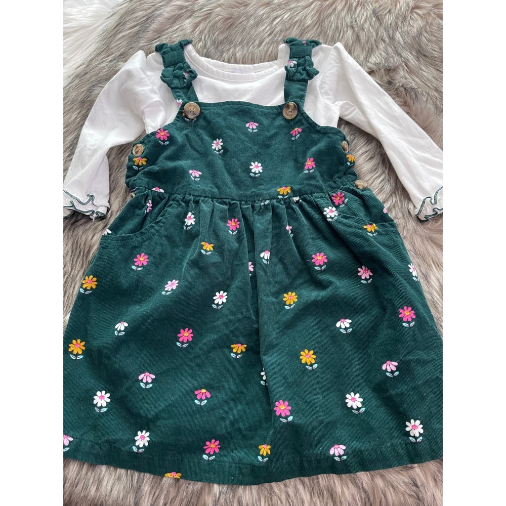 Girl Blueberi Boulevard 2-Piece Green Floral Corduroy Jumper Shirt Set Size 3T